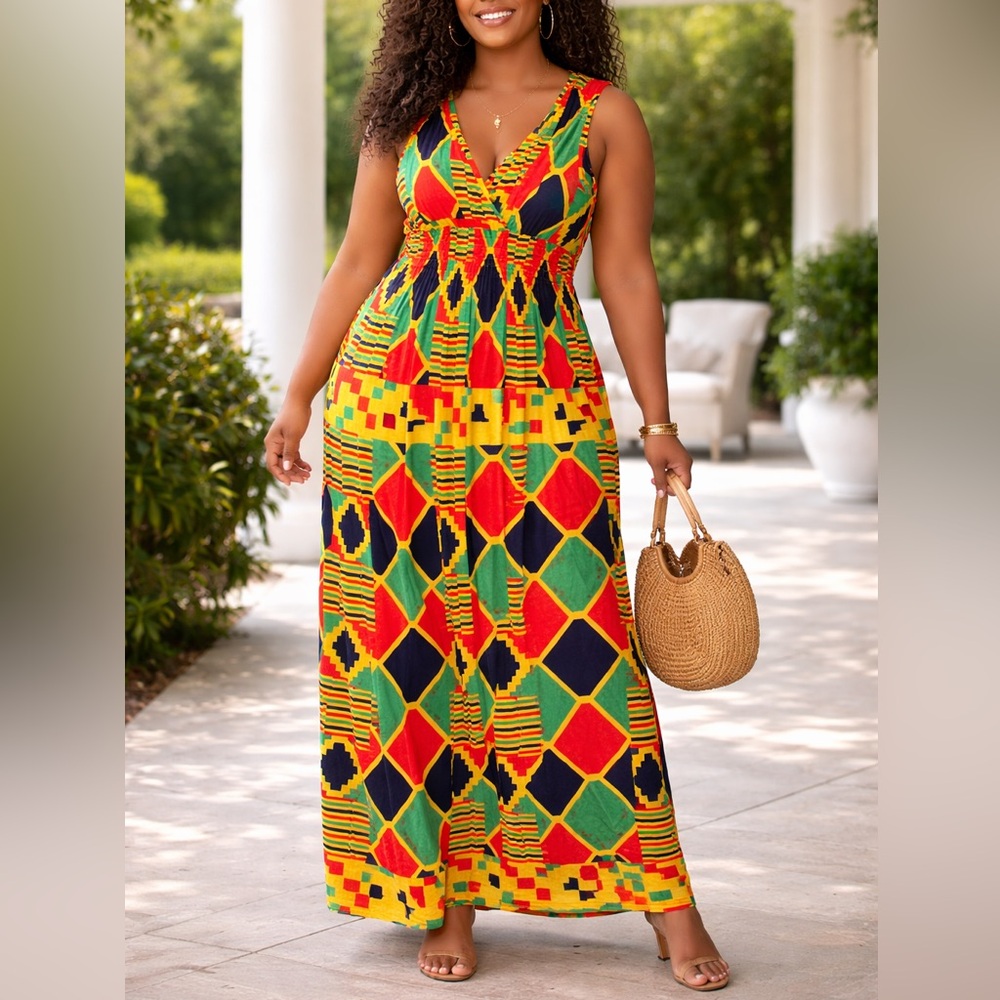 Anna Morgan Women’s Plus Sz 3X Sleeveless Maxi Dress Geometric Print Stretch NWT